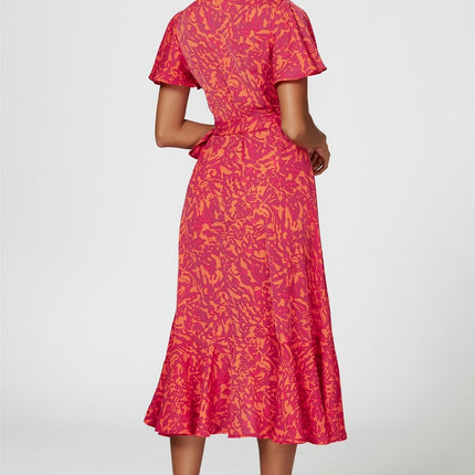 Abstract Print Midi Wrap Dress In Fuchsia
