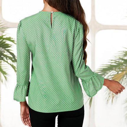 Polka Dot Print Frill Detail Cuff Top In Green