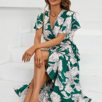 Angel Sleeve Wrap Midi Dress In Green