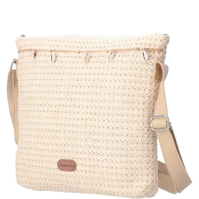 Damen Bast Tasche M » Umhängetasche ca. 30 x 26 cm » sommerliche Tasche mit Handy-Fach» Handtasche mit kleinen Muscheln
