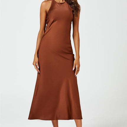 Slim-Fit Satin Midi Dress In Brown