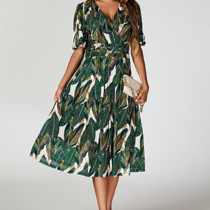Leaf Print Mesh Midi Dress In Green