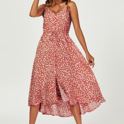 Button Down High Low Strappy Dress In Dusty Red