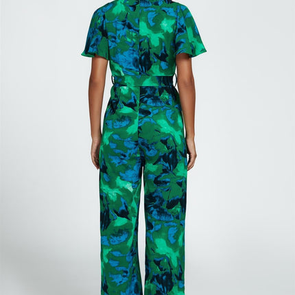 Abstract Print Wrap Top Jumpsuit In Green