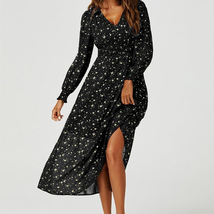 Gold Star Foil Long Sleeve Maxi Dress In Black