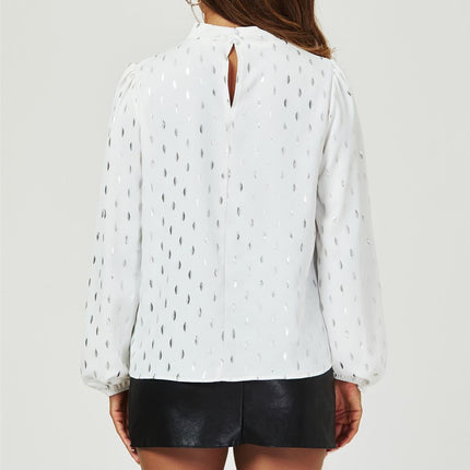 Silver Foil Long Sleeve High Neck Top In White