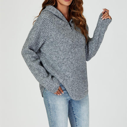 Zip Detail Knit Hoodie In Grey