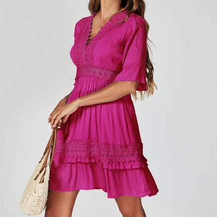 V Neck Lace Mini Dress In Fuchsia