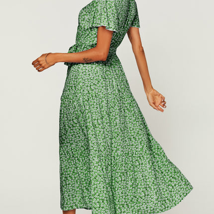 Floral Print Hem Tiered Wrap Midi Dress In Green