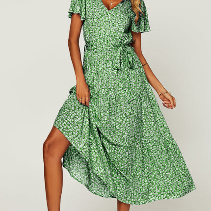 Floral Print Hem Tiered Wrap Midi Dress In Green