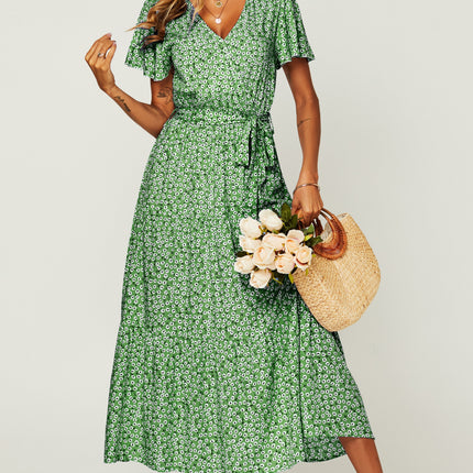 Floral Print Hem Tiered Wrap Midi Dress In Green