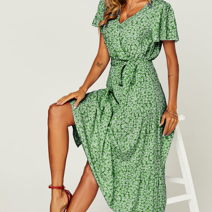 Floral Print Hem Tiered Wrap Midi Dress In Green