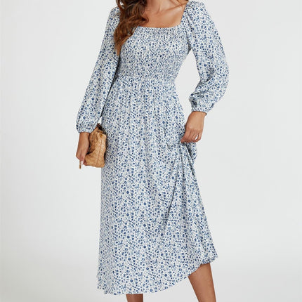 Floral Print Square Neck Maxi Dress In Light Blue