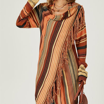 Fringes Detail Cardigan In Rusty Red & Orange & Black