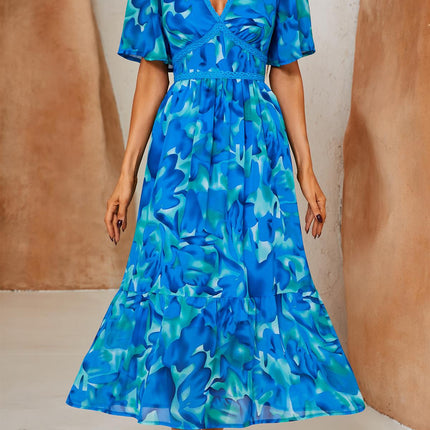 Abstract Floral Print Lace Detail Angel Sleeve Maxi Dress In Blue