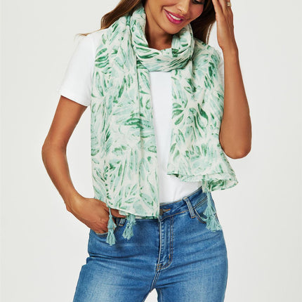 Tropical Leaf Print Tassel Scarf In Green