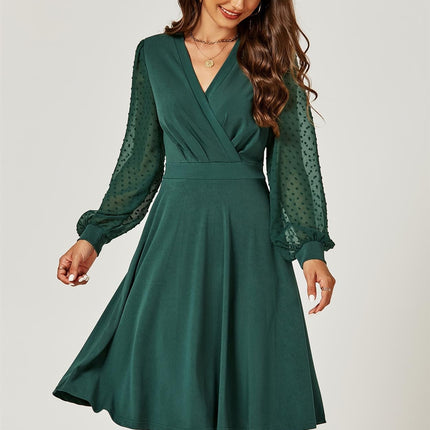 Long Chiffon Sleeve Pleated Midi Dress In Dark Green
