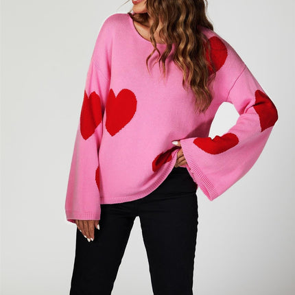 Wide Sleeve Oversize Red Jumper With Pink Heart