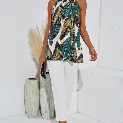 Leaf Print Halter Neck Tie Back Top In Green