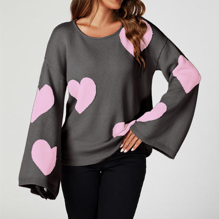 Heart Patten Wide Sleeve Oversize Jumper In Dark Grey