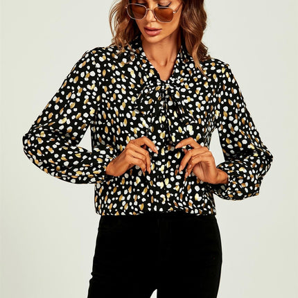 Gold Foil Leopard Print Pussybow Blouse/Top In Black