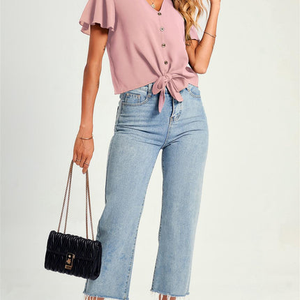 Cute Tie Knot Front Buttoned Crop T Shirt Top In Pink