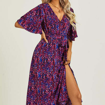Angel Sleeve Wrap Top Midi Dress In Blue