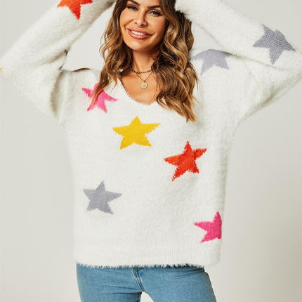 Relaxed Soft Comfy V Neck White Star Pattern Jumper Top In White
