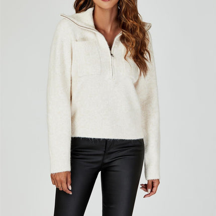 Zippered turtleneck Knit Top In Cream