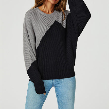 Block Colour Relaxed Knit Jumper Top In Grey & Black