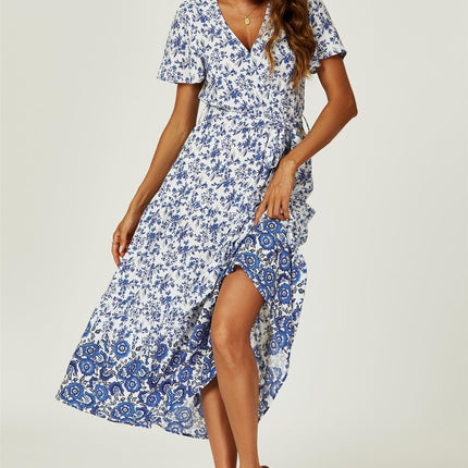 Floral Border Print Hem Tiered Midi Dress In White