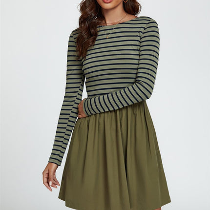 Long Sleeve Stripe Mini Dress In Olive
