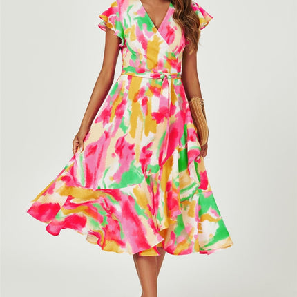 Abstract Floral Print Midi Wrap Dress In Pink