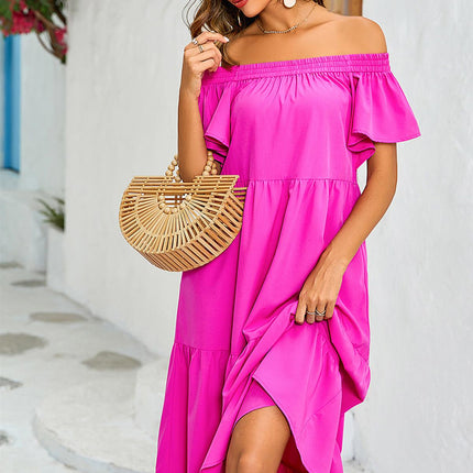 Off Shoulder Bardot Frill Midi Dress In Fuchsia Pink
