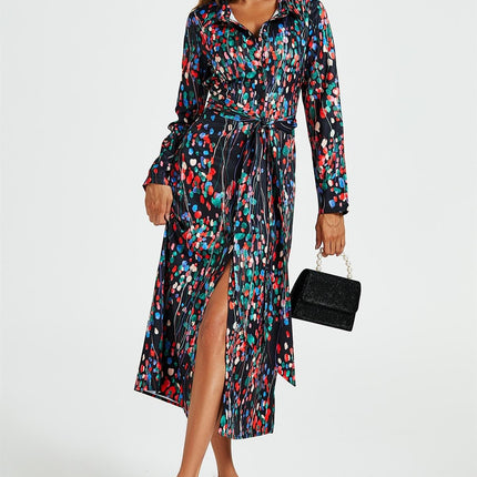 Abstract Floral Print Shirt Midi Wrap Dress In Black