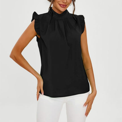 Frill Trim Sleeve High Neck Blouse Top In Black
