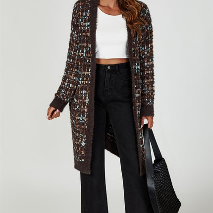 Boucle Check Cardigan In Brown With Multicolour Speckles