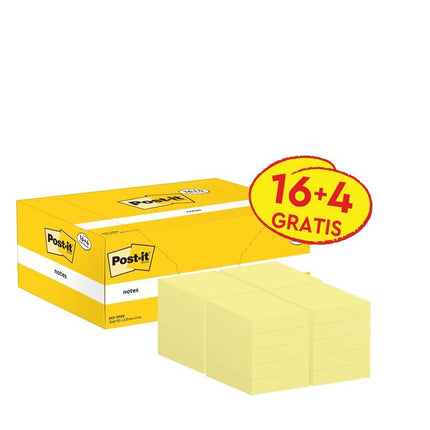 Post-it® Notes, Gelb, 38 mm x 51 mm, Promotion, 100 Blatt/Block, 16 Blöcke + 4 Gratis/Packung, 100% PEFC, SGSCH-PEFC-COC-110078 | Packung (1 Stück)
