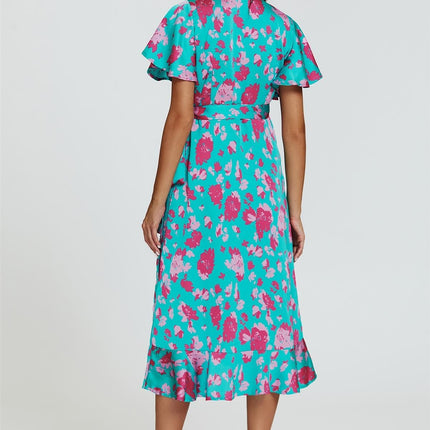 Turquoise & Hot Pink Print Angel Sleeve Wrap Midi Dress