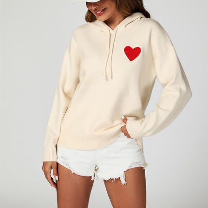 Heart Embroidery Knitted Hoodie In Cream