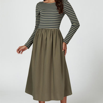 Long Sleeve Stripe Midi Dress In Olive
