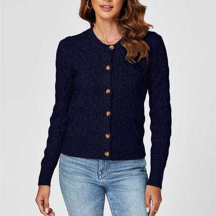 Cable-Knit Crewneck Cardigan In Navy