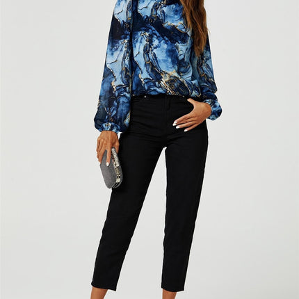 Marble Print Long Sleeve High Neck Top In Navy