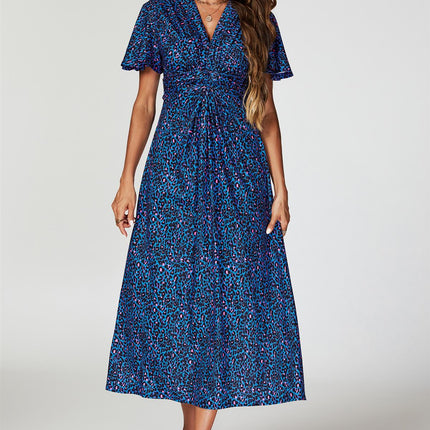 Animal Print Angel Sleeve Twist Midi Dress In Blue