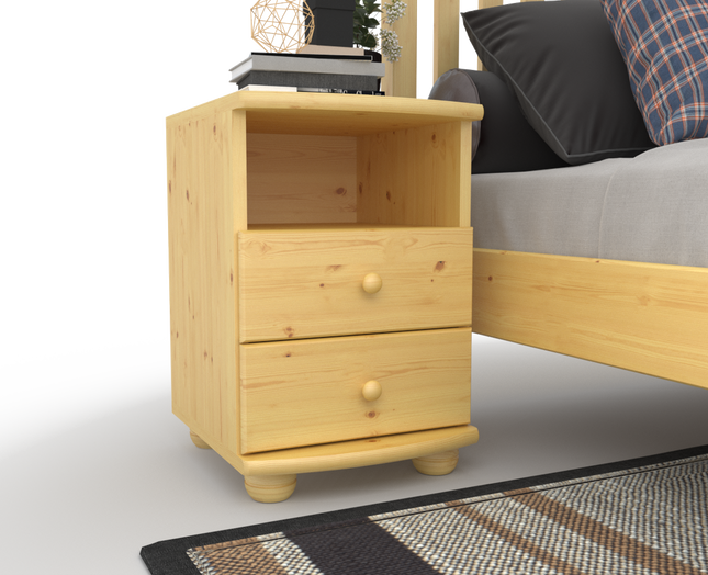 Claudia Kiefer Nachttisch 2-Schubladen aus 100% Bio Kiefer mit Regal