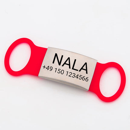 Klapperfreie Hundemarke Silikonslider mit Edelstahl-Schild für Halsbänder inkl. GRATIS Gravur