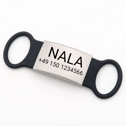 Klapperfreie Hundemarke Silikonslider mit Edelstahl-Schild für Halsbänder inkl. GRATIS Gravur