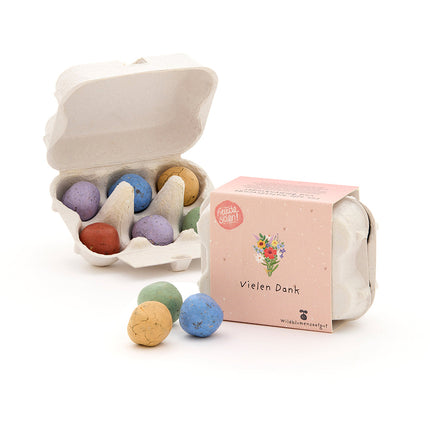6 bunte Blumenmurmeln im Eierkarton "Vielen Dank"