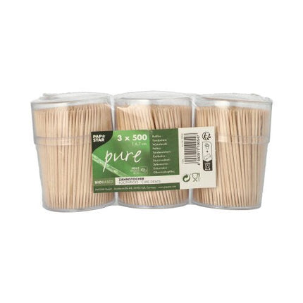 PAPSTAR Zahnstocher aus Holz "pure" rund, 6,7 cm im Spender | Schrumpffolie (1500 Stück)