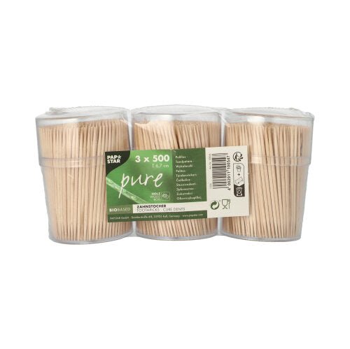 PAPSTAR Zahnstocher aus Holz "pure" rund, 6,7 cm im Spender | Schrumpffolie (1500 Stück)
